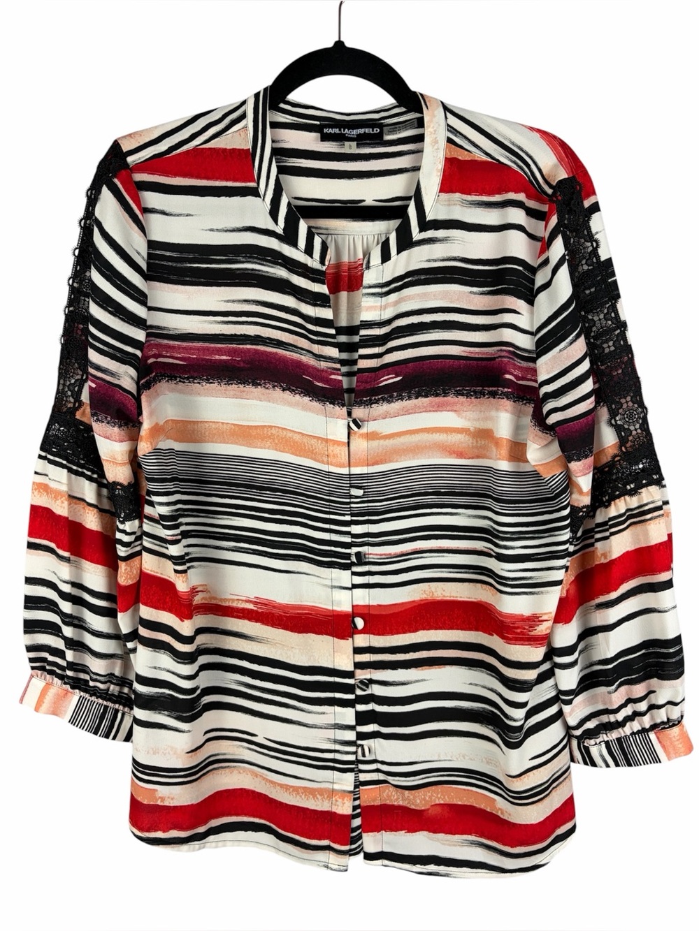 Karl Lagerfeld Paris Striped Lace Trim 3/4 Sleeve Blouse Large